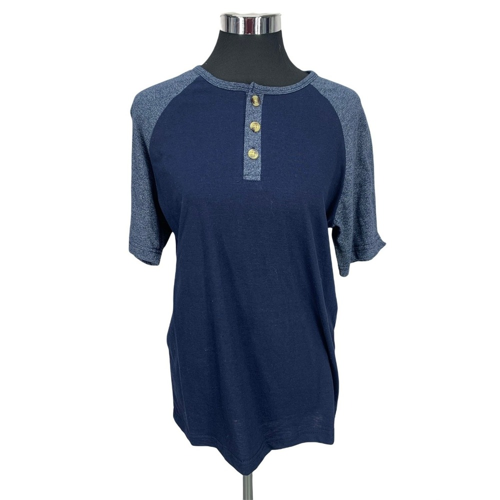 Open Trails Mens Henley Shirt Medium Blue Navy Raglan Short Sleeve Cotton Blend